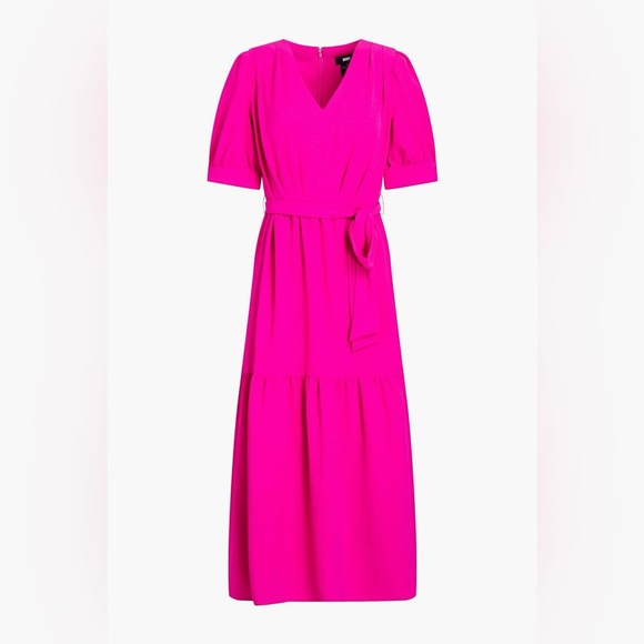 DKNY | Faux Wrap Cap Sleeve Tiered Midi Dress in Magenta Size 16 - Picture 1 of 12
